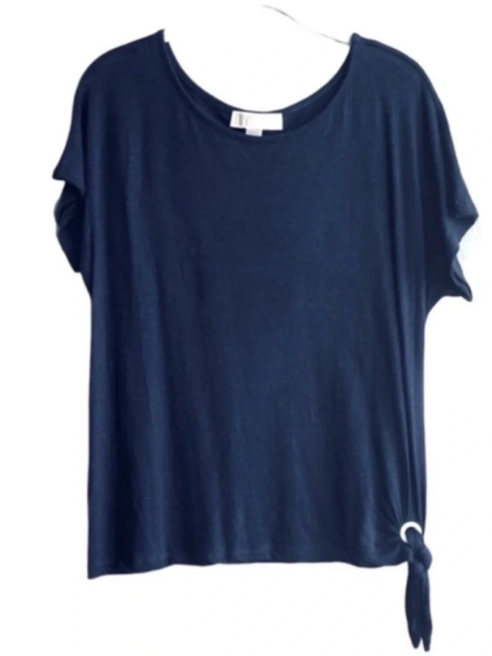 Michael Kors Short Sleeve Blouse Linen Blend Side Tie True Navy Blue Size M
